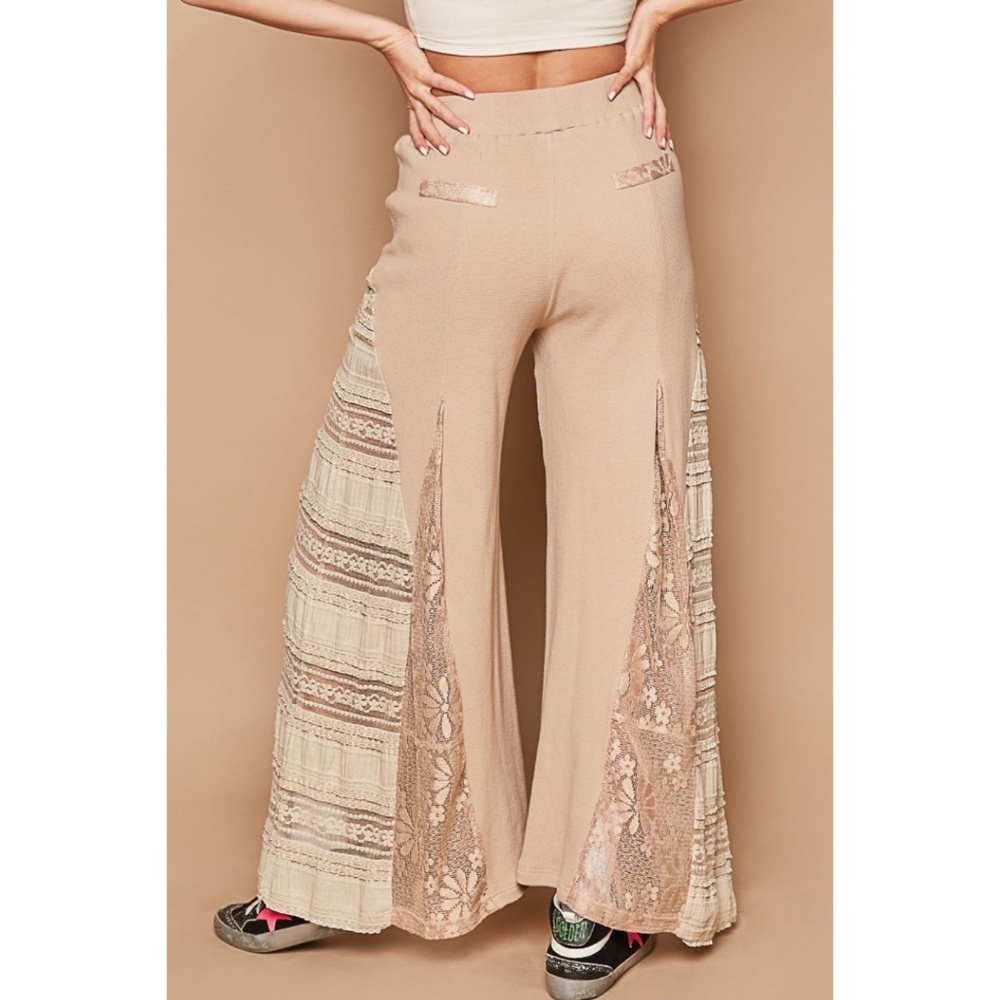 POL Mocha Latte Stretch Knit Lace Panel Wide Leg Pants - Picture 9 of 14